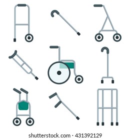 Wide variety of walkers for patients to use to assist them with their mobility. Objects isolated on a white background. Flat vector illustration.