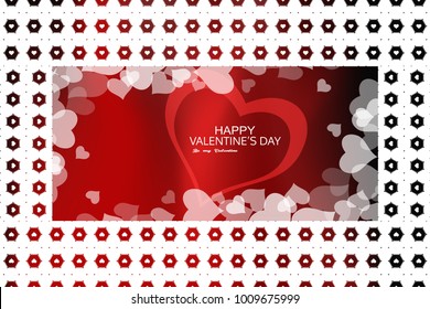 Wide vector Greeting background for Valentine's Day with gradient red backdrop, white pattern of hexagons and hearts in the center.