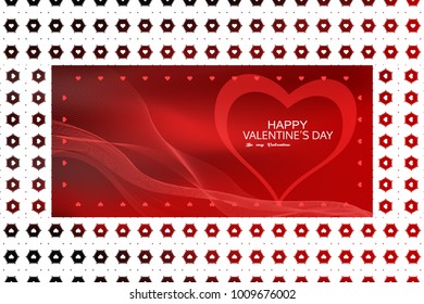 Wide vector Greeting background for Valentine's Day with gradient red backdrop, white pattern of hexagons and hearts, red waves in the center.