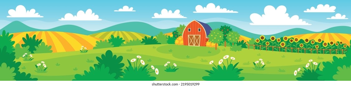 Wide vector illustration of a farm landscape. Cartoon background illustration of a rural area with a barn, fields, trees, and sunflowers