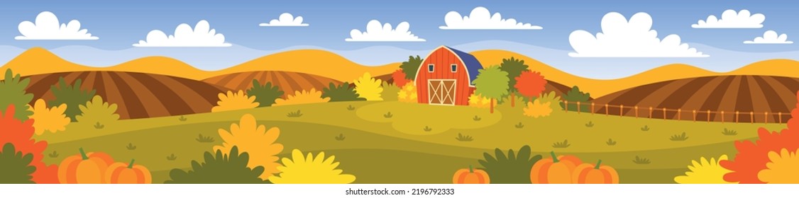 Wide vector illustration of a farm landscape. Colorful cartoon background illustration of a rural area with a barn, fields, trees, and pumpkins