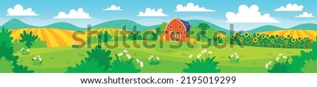 Wide vector illustration of a farm landscape. Cartoon background illustration of a rural area with a barn, fields, trees, and sunflowers