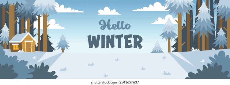 Wide vector illustration of a snowy white pine forest and a forester cabin in the woods. Cartoon background with lettering Hello Winter