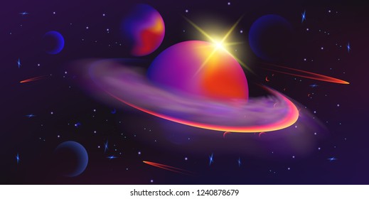 Wide vector illustration of space. Space background with planets and stars. Space exploration. Gradient Fluid Design.
