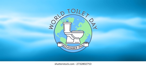 Wide vector information banner. World Toilet Day. Graphic of clean white lavatory, unrolled closet paper roll, planet Earth. Emblem. Symbol of restroom. Blurred wavy clouds in background