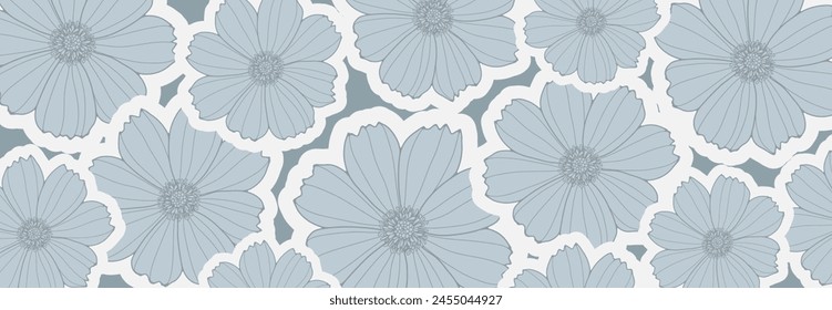Wide vector monochrome floral background with blue flowers. Floral design for wallpaper, covers, posters or banners