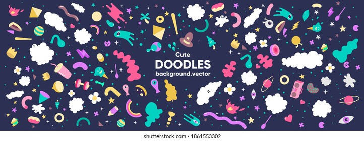 Wide vector print. Doodle style pattern. Background of abstract, cute, caramel objects. 