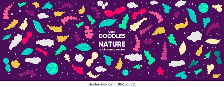 Gran impresión vectorial. Patrón de estilo Doodle. Fondo de objetos abstractos, lindos, caramelos. Hojas y nubes, fondo natural en estilo doodle.