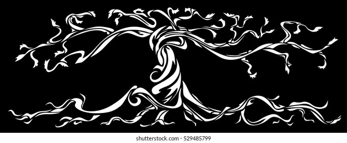 Wide vector tree, white on black background
