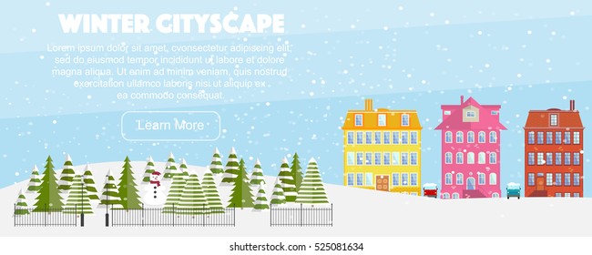 Wide vector winter cityscape. Cute colorful houses, cars under snow, fir trees park, snowman and lanterns. Many cute cartoon elements. 