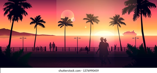 Grosse Aussicht auf den abendlichen Stadtstrand mit WanderLeuten Silhouetten