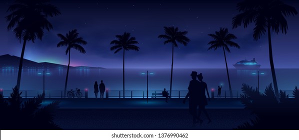 Wide view of the night city beach with walking people silhouettes