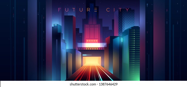 Wide View Of The Night Neon Futuristic City. Highway With Traffic Car Lights. Ciberpunk Style Illustration