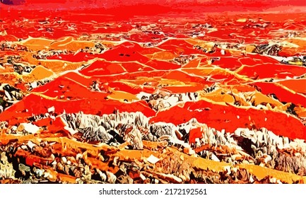 Una perspectiva de vista amplia que sobrevuela un planeta alienígena distante. El paisaje rocoso del terreno es de color naranja rojizo, y el ambiente es rojo oscuro. Hay extrañas estructuras de tipo vena. Exploración planetaria