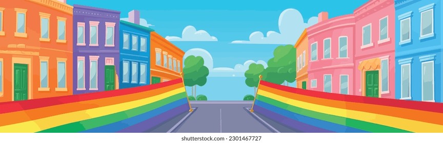 Wide view of street decorated for pride month