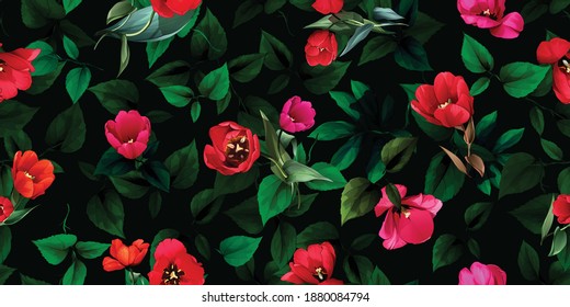 Wide vintage floral seamless background pattern. Beauty tulips with leaf on dark green behind. Abstract, hand drawn, vector - stock.