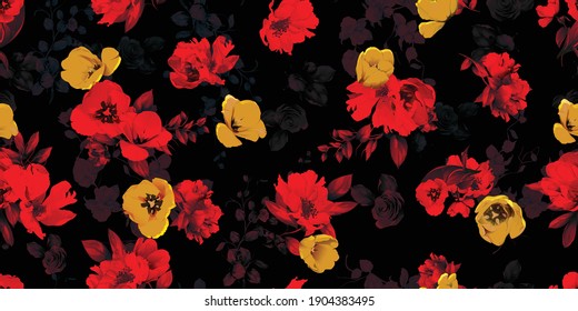 Patrón de fondo vintage floral sin costuras. Tulipanes rojos y amarillos con hojas en rojo oscuro. Resumen, dibujado a mano. Estilo vectorial puro.