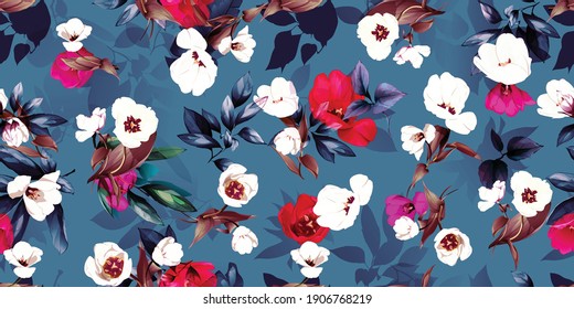 Wide vintage floral seamless background pattern. Red and white tulips with leaf on blue. Abstract, hand drawn. Pure vector style.