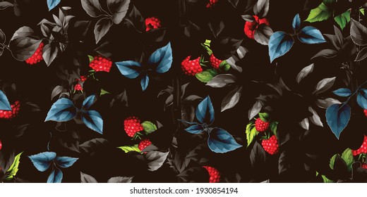 Wide Vintage Floral Seamless Background Pattern. Black And Blue Leaves With Raspberry On Black. Abstract, Hand Drawn. Pure Vector Style.