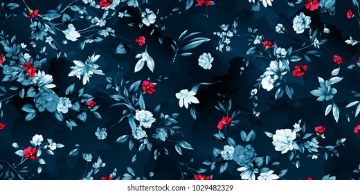 Wide vintage seamless background pattern. Peony, magnolia, wild flowers with leaf on dark blue. Abstract, hand drawn, vector - stock.