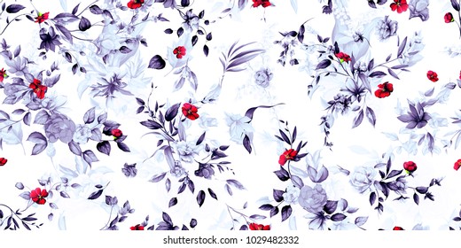 Wide vintage seamless background pattern. Peony, magnolia, wild flowers with leaf on light blue. Abstract, hand drawn, vector - stock.