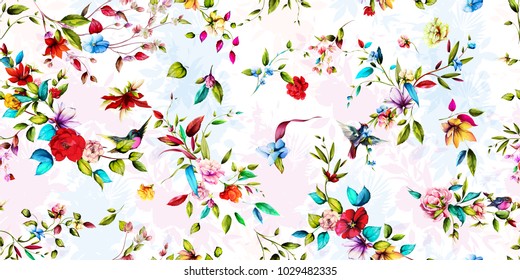 Wide vintage seamless background pattern. Peony, magnolia, wild flowers with leaf and birds on pastel. Abstract, hand drawn, vector - stock.