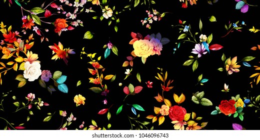 Wide vintage seamless background pattern. Rose, magnolia, wild flowers with leaf on black. Abstract, hand drawn, vector - stock.