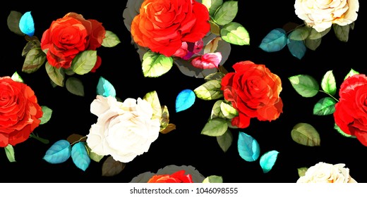 Wide vintage seamless background pattern.Red and white roses with leaf on black. Abstract, hand drawn, vector - stock.