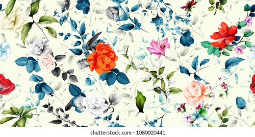 Wide vintage seamless background pattern. Rose, magnolia, peony, wild flowers with leaf on blue and pastel. Abstract, hand drawn, vector - stock.