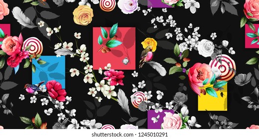 Wide vintage seamless background pattern. Sakura, wild flowers with bird (red breasted petroika) and leaf on black. Abstract, hand drawn, vector - stock.