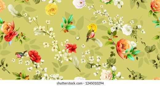 Wide vintage seamless background pattern. Sakura, wild flowers with bird (red breasted petroika) and leaf on pastel. Abstract, hand drawn, vector - stock.