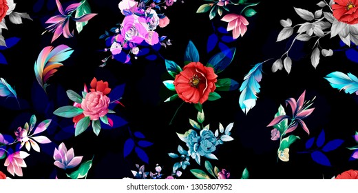 Wide vintage seamless background pattern. Poppy, peony, wild flowers with leaf on dark blue and black. Abstract, hand drawn, vector - stock.