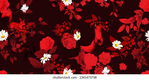 Wide vintage seamless background pattern. Peony, wild flowers with leaf and squirrels around. Abstract, hand drawn, vector - stock.
