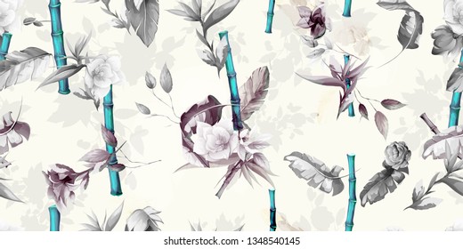 Wide vintage seamless background pattern. Tropical leaves, bamboo, wild flowers on light pastel. Abstract, hand drawn, vector - stock.