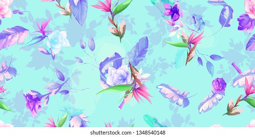 Wide vintage seamless background pattern. Tropical leaves, wild flowers on light blue. Abstract, hand drawn, vector - stock.
