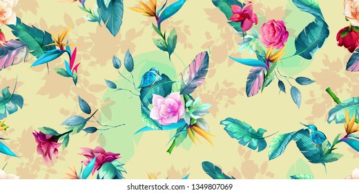 Wide vintage seamless background pattern. Tropical leaves, peony, wild flowers with halcyon bird on pastel. Abstract, hand drawn, vector - stock.