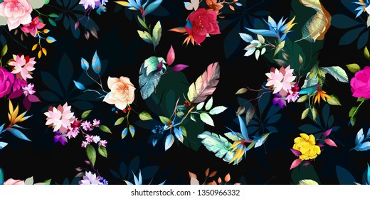 Wide vintage seamless background pattern. Tropical leaves, wild flowers on black. Abstract, hand drawn, vector - stock.