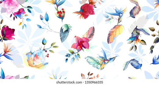 Wide vintage seamless background pattern. Tropical leaves, wild flowers on white blue. Abstract, hand drawn, vector - stock.