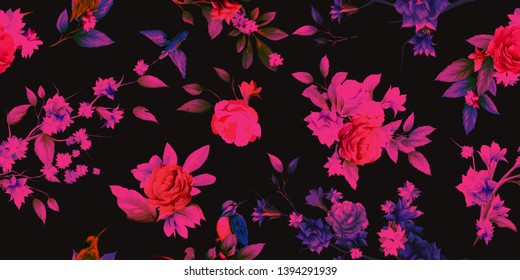 Wide vintage seamless background pattern. Peony, halcyon bird, wild flowers with leaf on dark red. Abstract, hand drawn, vector - stock.