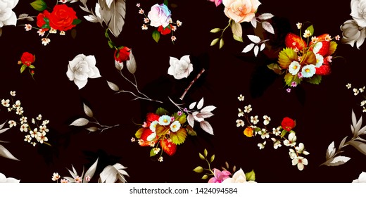 Wide vintage seamless background pattern. Magnolia, rose with straberry and leaf on black. Abstract, hand drawn, vector - stock.