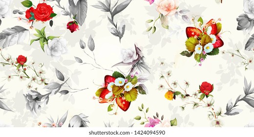 Wide vintage seamless background pattern. Magnolia, rose with straberry and leaf on white. Abstract, hand drawn, vector - stock.