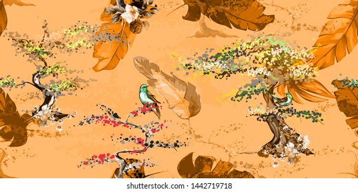 Wide vintage seamless background pattern. Bonsai tree with wild flowers with nightingale on pastel. Abstract, hand drawn, vector - stock.