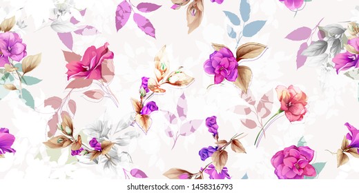 Wide vintage seamless background pattern. Beauty wild flowers with leaf on light pastel. Abstract, hand drawn, vector - stock.