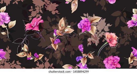 
Wide vintage seamless background pattern. Beauty wild flowers, leaf with outline on dark. Abstract, hand drawn, vector - stock.