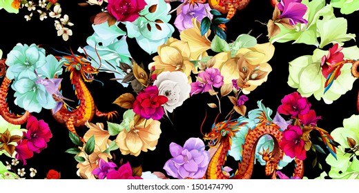 Wide vintage seamless background pattern. Field flowers with leaves and chinese dragon behind on black. Abstract, hand drawn, vector - stock.