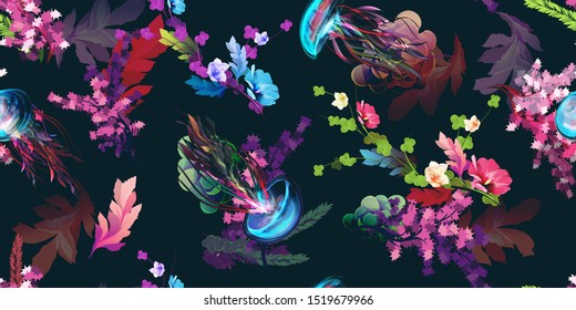 Wide vintage seamless background pattern. Jellyfish, underwater plants, with wild flowers on dark. Abstract, hand drawn, vector - stock.