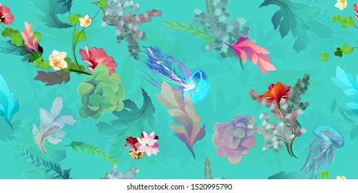 Wide vintage seamless background pattern. Jellyfish, underwater plants, with wild flowers on blue. Abstract, hand drawn, vector - stock.