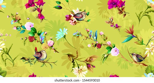 Wide vintage seamless background pattern. Beauty camomile, wild flowers with leaf and birds wren on light green. Abstract, hand drawn, vector - stock.