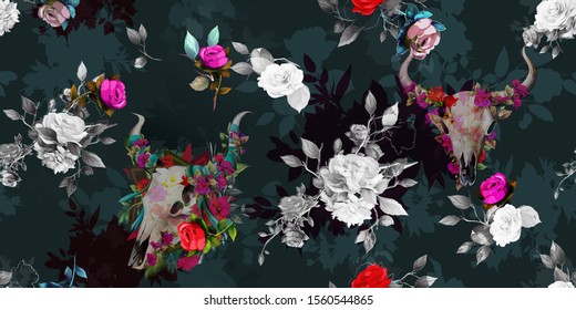 Wide vintage seamless background pattern. Wild flowers, peony with leaf and bulls head behind on black. Abstract watercolor, hand drawn, vector - stock.