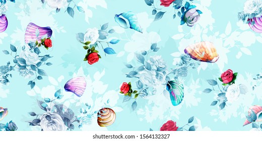 Wide vintage seamless background pattern. Beauty wild flowers, peony with sea shells on light blue. Abstract watercolor, hand drawn, vector - stock.